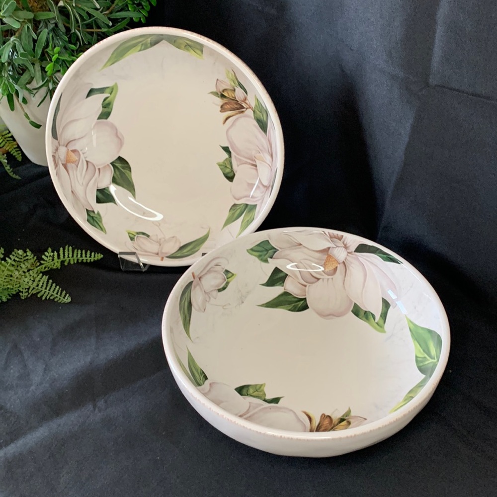 Set of 2 retired Ironstone for Pier 1 MAGNOLIA floral 8” soup / pasta bowls